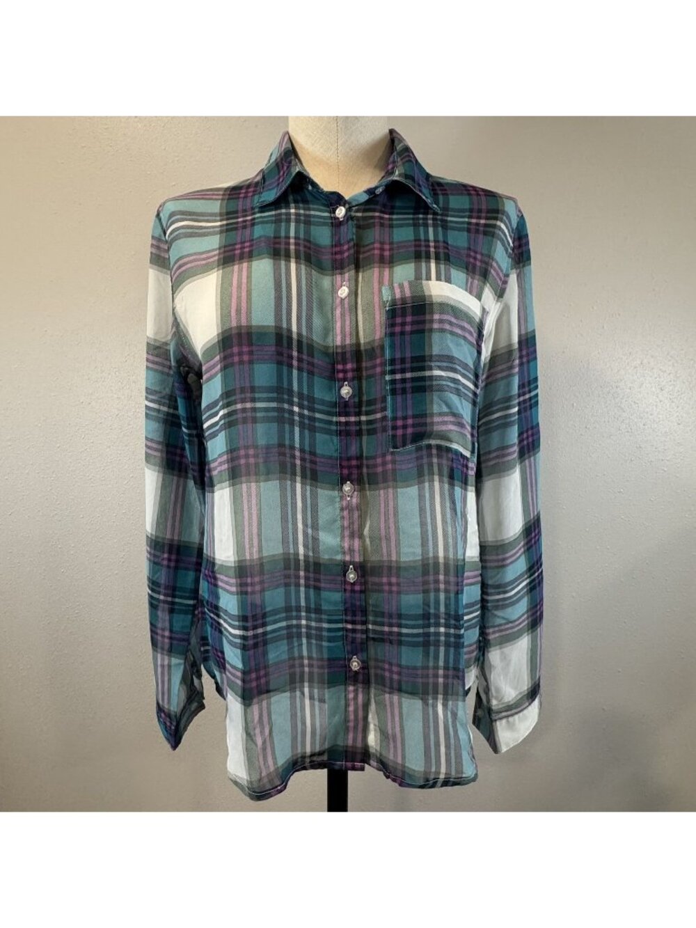 Delias Sheer Plaid Button-Up Shirt Womens Size M Roll Tab Sleeves Lightweight